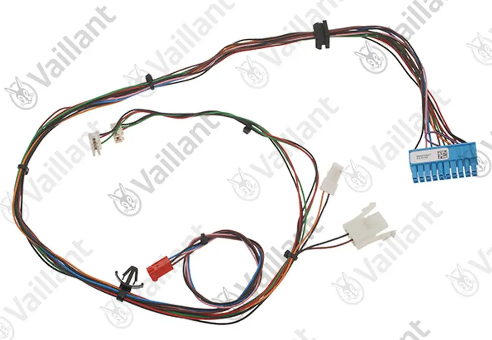 Kabelbaum von Vaillant mit mehreren farbigen Drähten und verschiedenen Steckverbindern für elektrische Verbindungen, geeignet für unterschiedliche Modelle.